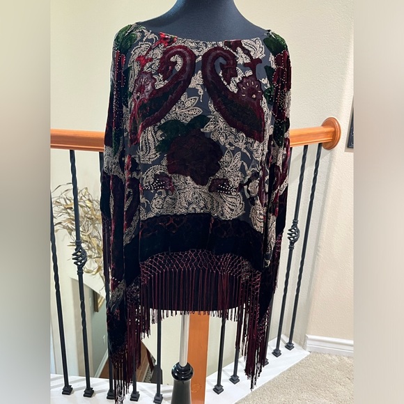 MONACO BURNOUT Velvet Paisley Fringe Poncho, Silk RAYON BLEND: - Picture 3 of 11